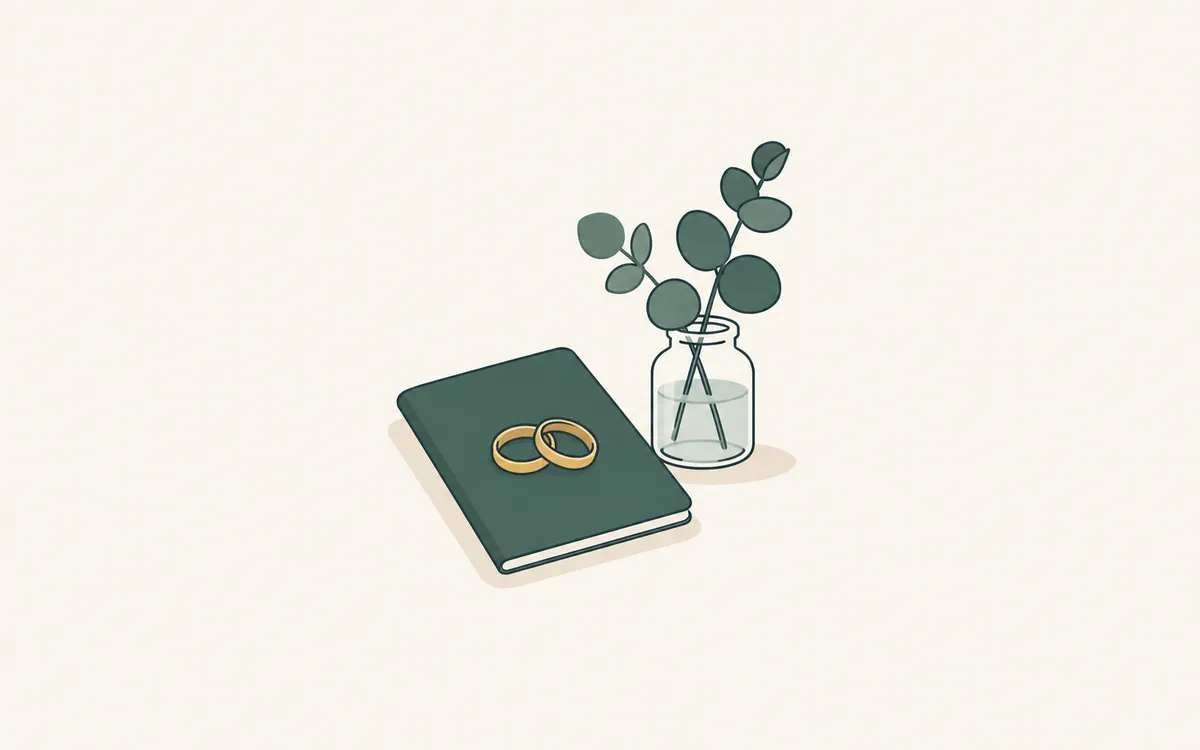 Two wedding bands resting on a closed green booklet beside eucalyptus sprigs in a glass.