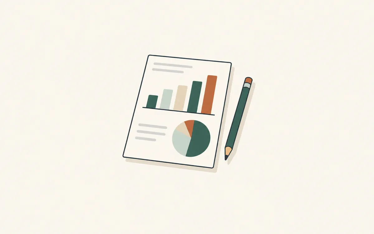 A sheet with a bar chart and a pie chart, beside a pencil.