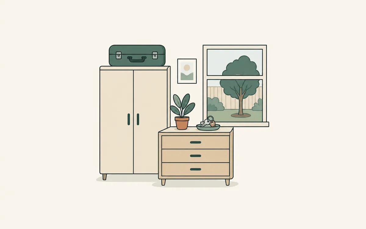 A suitcase stored on a wardrobe, keys on a dresser and a tree outside the window.