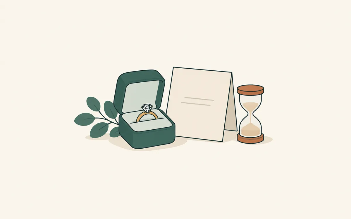An open ring box with an engagement ring, a blank invitation card and an hourglass.