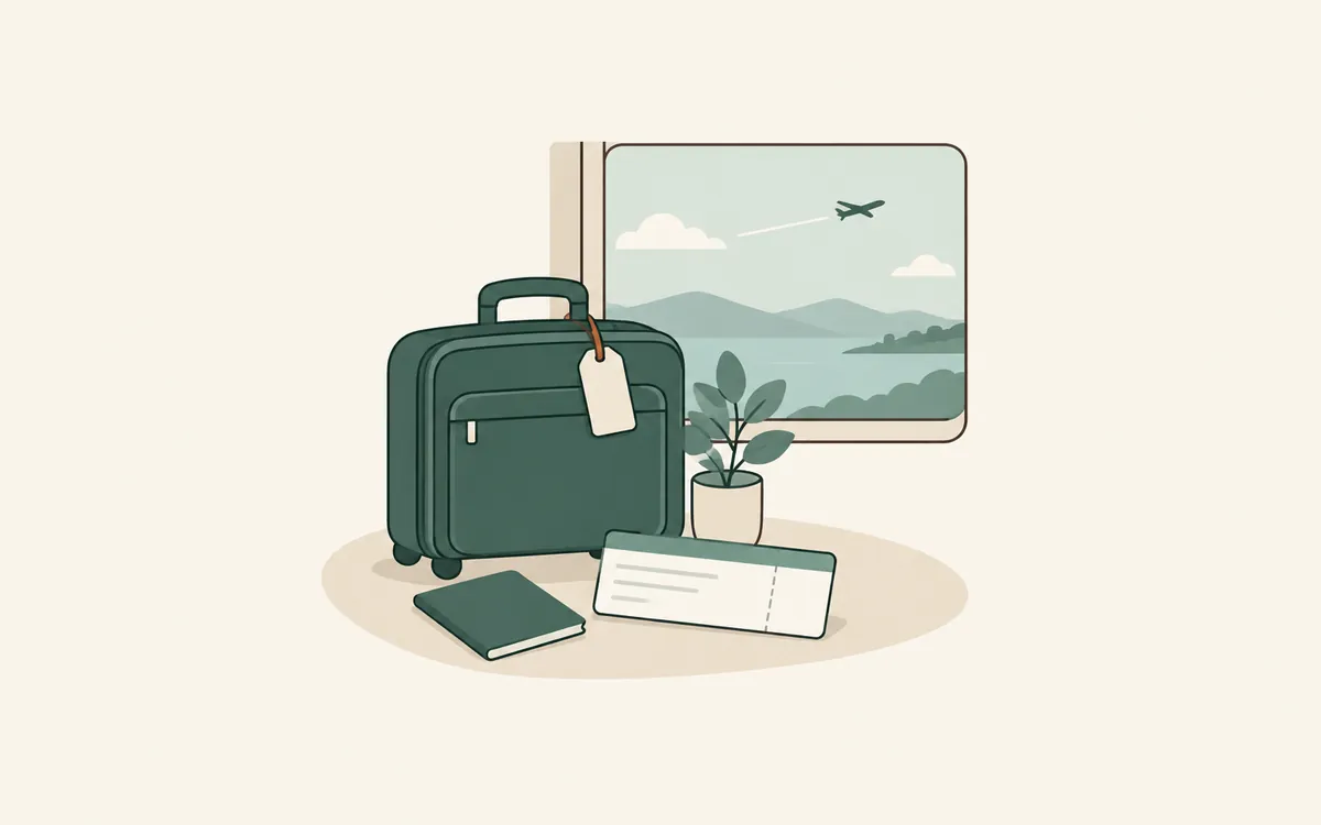 A packed suitcase and a boarding card by a window, a plane crossing distant hills.