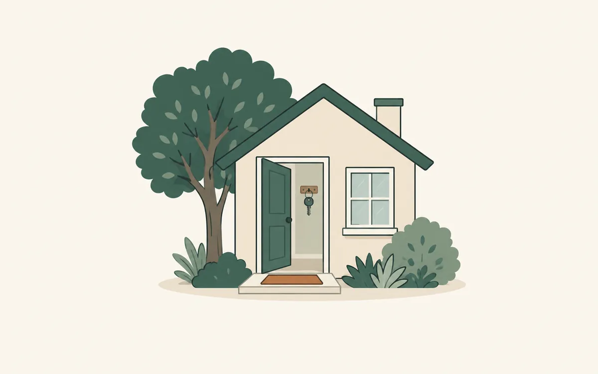 A settled house with a leafy tree beside it and a key hanging inside the door.