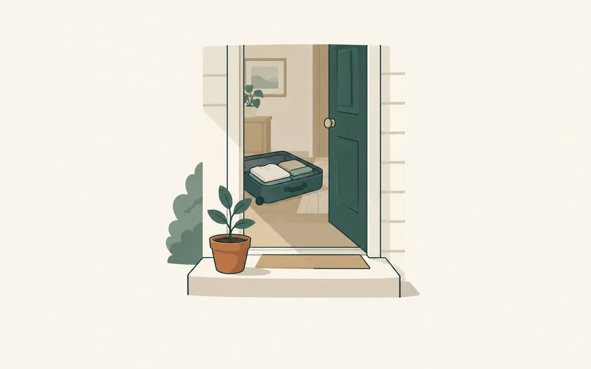 An open doorway with a half-unpacked suitcase inside and a young seedling on the step.