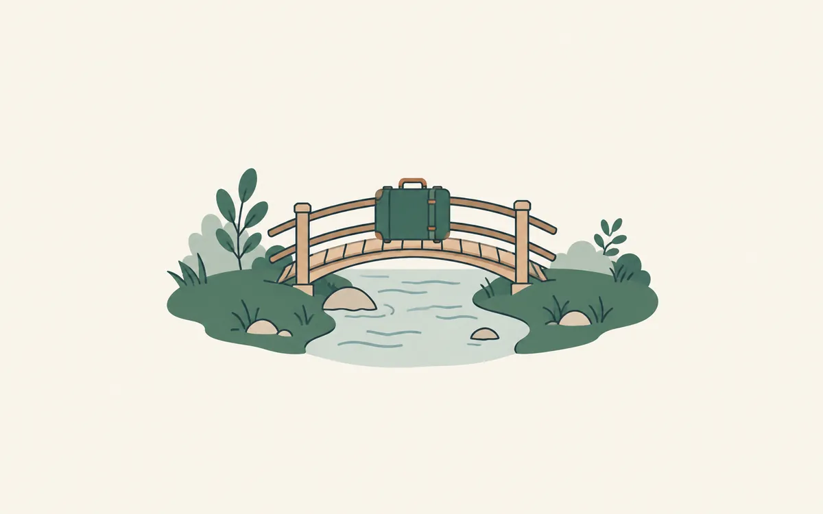 A small wooden footbridge over a stream, with a suitcase resting in the middle.