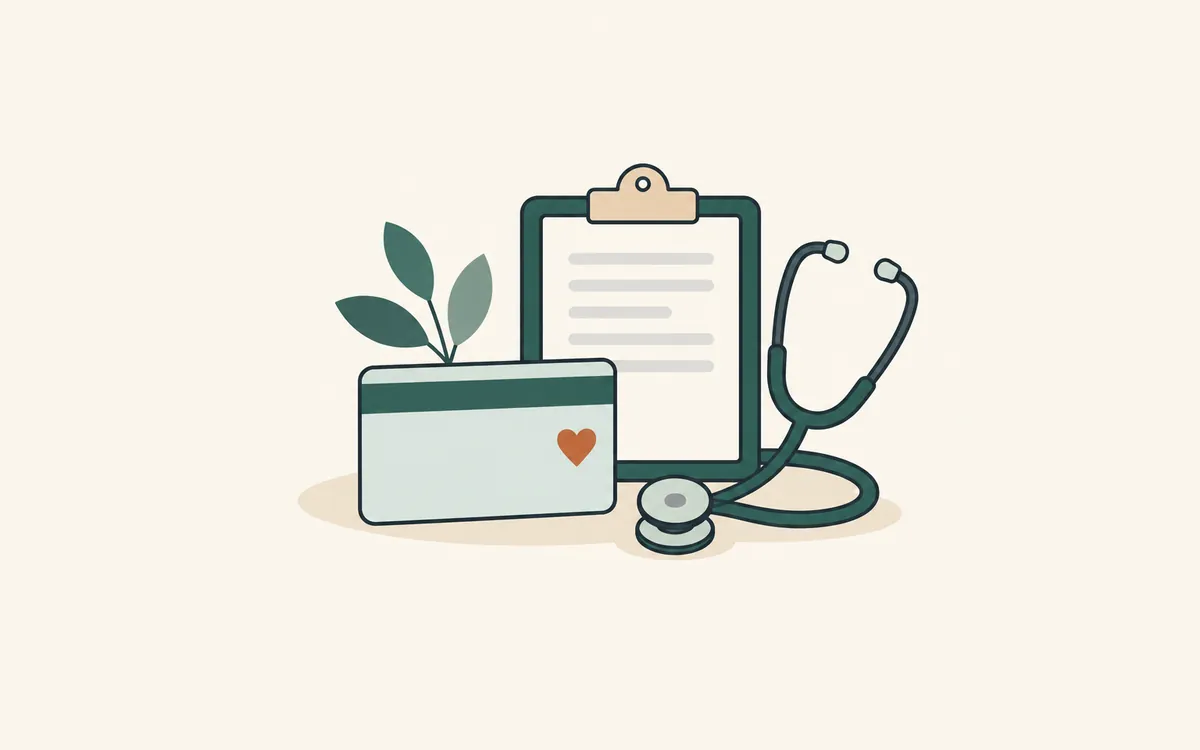 A health card with a small heart, a clipboard and a stethoscope.