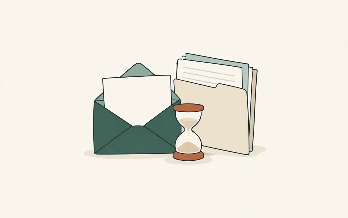 An opened envelope with a letter, a small hourglass and a folder of papers.
