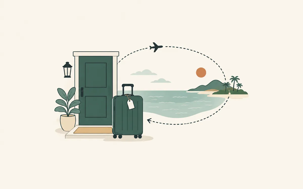 A suitcase by a front door and a flight path looping over the sea and back.