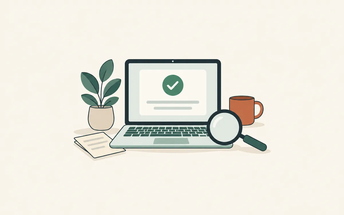 A laptop showing a green tick on a status panel, with a magnifying glass beside it.