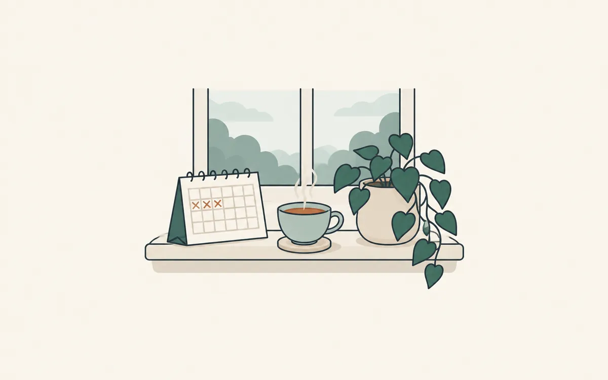 A window sill with tea, a calendar with days crossed off and a plant.